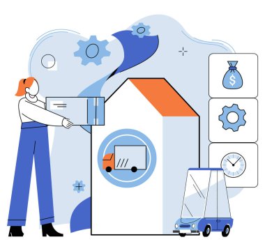 Dükkan sahibi. Vektör çizimi. Yatırım kararlarında ticari finans ve sanayi eğilimleri önemli rol oynar İyi tanımlanmış bir iş stratejisi uzun vadeli başarı geliştirmek için gereklidir