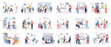 Ofis dinlenme vektörü çizimi. Mesai aralarında eğlence amaçlı aktiviteler yapmak dinlenmeyi ve gençleşmeyi teşvik eder. Dinlenme alanlarında konfor bulmak genel çalışan deneyimini artırır.