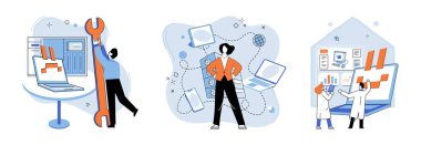 Bilgisayar arızası. Vektör çizimi. Bilgisayar sistemlerinin düzeltilmesi ve geliştirilmesi konusunda uzmanlaşmış teknisyenler, yazılım sorunlarının tanımlanması ve çözülmesinde sorunlar içeriyor