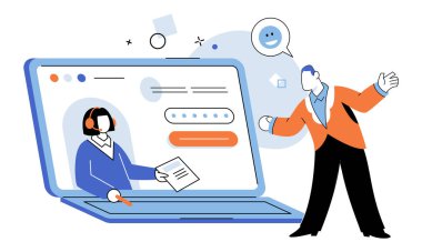 Müşteri hizmetleri. Vektör çizimi. Şirketin başarısı, dijital çağda müşteriyi geliştirmek için siber uzayda sorunsuz bir şekilde bilgi akışına dayanır.