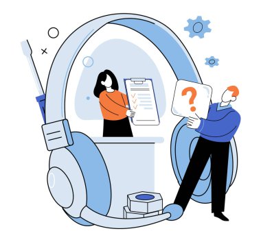 Müşteri hizmetleri. Vektör çizimi. Müşteri hizmetleri ekibi, müşteri hizmetleri teknolojisinin temel özelliklerinden olan doğru yanıtlar sunan ve destekleyen müşterilere yardımcı olmaktadır.