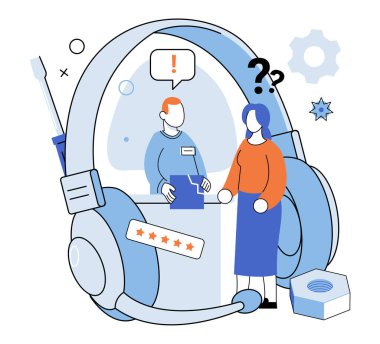 Müşteri hizmetleri. Vektör çizimi. Dijital platformlar, geniş bir alanda anında bilgi ve destek sağlayarak müşteri hizmetlerini arttırır.