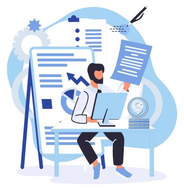 Finansal muhasebe vektör çizimi. Mali muhasebedeki metaforlar, karmaşık kavramları daha erişilebilir kılar. Kapsamlı belgelendirme finansal faaliyetleri, şeffaflık gelir üretimini artırır.