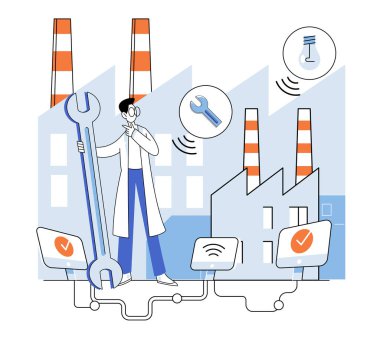 Endüstri vektör illüstrasyonu. Metaevren sanayi IoT ile iç içe geçiyor, iş ağında dijital yenilikler doğuyor, teknoloji senfoni endüstriyel evrimini düzenliyor.