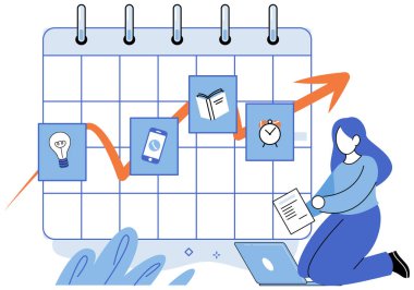 Zaman yönetimi. Vektör çizimi. Etkili zaman yönetimi yönetimine bağlı herhangi bir organizasyonun başarısı, son teslim tarihlerini yerine getirmek için temel zaman yönetimi becerileridir.