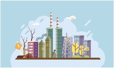 Endüstriyel kirlilik. Pis israf. Çevre kirliliği. Vektör çizimi. Endüstriyel kirlilik artık sorun değil. Biz puro içiyoruz. Okyanuslarımızdaki kirli su deniz yaşamını öldürüyor.