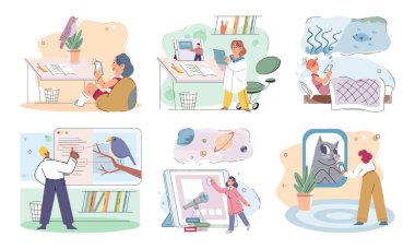 Tabletli çocuk. Vektör çizimi. Çocuklar eğitim araçları kullanarak yeni bilgiler öğrenebilir ve edinebilirler. Tablet vurgusu olan konsept çocuk modern teknolojiyi etkiler.