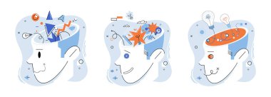 Olumlu düşün. Vektör çizimi. İlham, başarı hırsımızı körüklüyor. Mutluluk, hem zihinsel yetenekleri hem de duygusal zekayı kapsayan olumlu bir zihniyetten kaynaklanıyor.