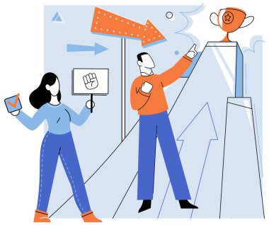 Motivasyon vektörü çizimi. Gelişme ve ilerleme meyve proaktif yönetimidir ve stratejik planlama zorlukların üstesinden gelmek kişisel büyüme ve hırsı körükler.