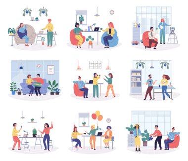 Ofis dinlenme vektörü çizimi. Kuruluşlar, çalışanların dinlenmesi ve rahatlamasına olan bağlılıkları, dinlenmek ve ofisten keyif almak gibi olumlu çalışma ortamlarını teşvik eder.