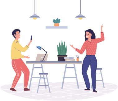 Ofis dinlenme vektörü çizimi. Teneffüslerde eğlence amaçlı aktiviteler yapmak ofis içindeki hisleri artırır. İş yerinde dinlenme anlarında huzur bulmak çalışanlara iyi katkı sağlar.