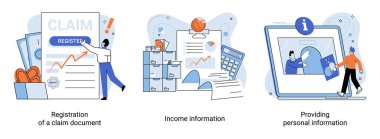 Tazminat vektör illüstrasyonu. Senfoni parası, kompozisyon maaşı ve Navigate nehir tazminatının faydaları, ücret ve geri ödemelerin uyumlu bir şekilde azaltıldığı