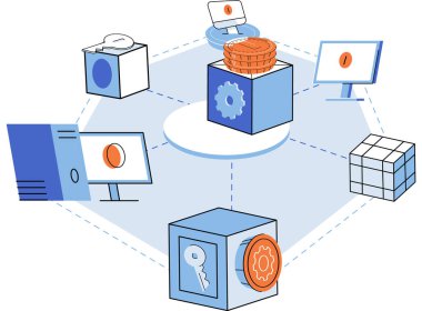 Defi vector illustration. Decentralization is fundamental principle in DeFi, ensuring trust and transparency Blockchain technology powers secure and immutable nature DeFi transactions Non fungible clipart