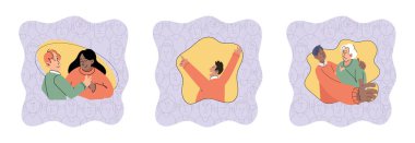 Sosyal ilişki vektör illüstrasyonu. Etkili iletişim, aile ve arkadaş desteğinin sağlanması için hayati önem taşır. Birlikte duygusal refah sağlayabiliriz.