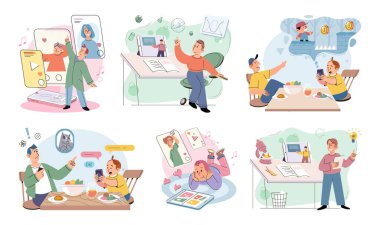 Telefonu olan çocuklar. Vektör çizimi. Telefonları olan metaforlar hayatlarına entegrasyon teknolojisini temsil ediyor. Elektronik cihazlar ve dijital cihazlar çocuklar için temel araçlar haline geldi.