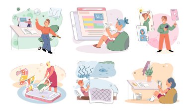 Telefonu olan çocuklar. Vektör çizimi. Akıllı kullanım teknolojisi çocukların yetenekleri öğrenmesini sağlar çevrimiçi platformlar çocuklar için uygun öğrenme fırsatları sağlar telefonu olan metafor çocuklar