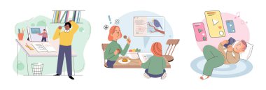 Telefonu olan çocuklar. Vektör çizimi. Telefonları olan konsept çocuklar kavşak teknolojisi ve çocukluk çağındaki bebeklerin cep telefonu kullanmada ustalaştığını gösteriyor.