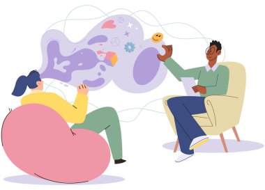 Konuşma terapisi vektör illüstrasyonu. Terapist ve hasta arasındaki etkili iletişim konuşma terapisinde gereklidir. Konuşma terapisinde uzmanlaşmış uzmanlar uzmanlıklarını ve rehberliklerini sunarlar.