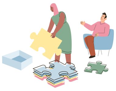 Konuşma terapisi vektör illüstrasyonu. Konsept konuşma terapisi önemli bir diyaloğun ve psikanalizin geliştirilmesindeki bağlantının altını çiziyor. Bilinçaltının derinliklerine iniyor ve gizli zihni ortaya çıkarıyor.