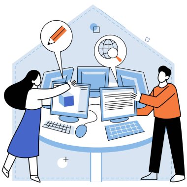 Bilgisayar laboratuvarı. Vektör çizimi. Mühendislik profesyonelleri karmaşık sorunları çözmek için gelişmiş teknikler ve teknolojiyi kullandılar. Teknolojik yenilikler ilerleme rekabetçiliğini artırdı