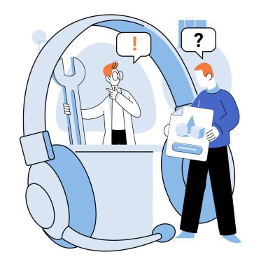 Destek servisi. Vektör çizimi. Meslek müşteri hizmetleri temsilcisi güçlü iletişim becerileri gerektirir Yönetimin destek hizmetleri süreçleri üzerinde kontrolü vardır