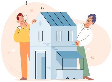 Emlak araştırması. Vektör illüstrasyonu ev kiralama ve yatırım bireylere yaşam düzenlemelerinde esneklik sağladı.