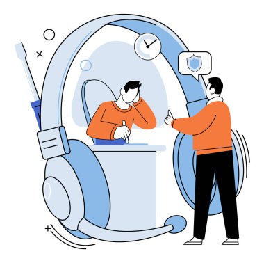 Destek servisi. Vektör çizimi. Destek servisi metaforu, ayrıntılı rapor oluşturan kusursuz destek hizmetleri için etkin iletişim şarttır