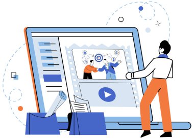 Çevrimiçi reklam vektörü illüstrasyonu. Promosyon, çevrimiçi reklamların anahtar unsurudur, farkındalık yaratmak ve trafiği yönlendirmek Online reklamcılık, şirketlerin ürünlerini tanıtma yöntemlerinde devrim yarattı.