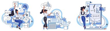 Matematik vektör illüstrasyonu. Matematikte sanat hesaplaması öğrenmek, dil sayılarında ustalaşma yolculuğudur. Matematiksel bilgi gelişen ağaç gibi büyür, her derste dallanır.