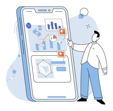 Piyasa araştırması. Vektör çizimi. Teknoloji, şirketlerin pazar araştırma verilerini daha verimli bir şekilde toplamasına pazar eğilimlerini analiz etmelerine, işletmelerin uyum sağlamalarına ve rekabetçi kalmalarına yardımcı oldu.