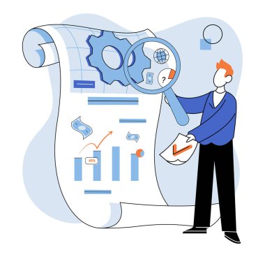 Piyasa araştırması. Vektör çizimi. Piyasa araştırması, müşteri desteği ve memnuniyetinin önemini vurguluyor. Teknoloji piyasa araştırmalarında veri toplama ve analizinde devrim yarattı.