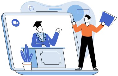 Çevrimiçi iletişim. Vektör çizimi. İnternet siber uzayı geniş bir internet iletişim merkezine dönüştürdü. Sosyal medya platformları çevrimiçi iletişim ve ağ oluşturmada devrim yarattı.
