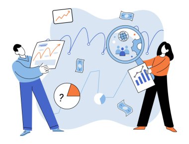 Piyasa araştırması. Vektör çizimi. İstatistiksel analiz pazar araştırma verileri anlamlı içgörüler ortaya koyuyor. Pazarlama kampanyalarının başarısı piyasa araştırmalarına dayanıyor.