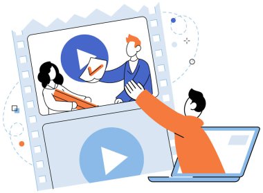 Video pazarlama vektör illüstrasyonu. Sosyal medya platformları, video pazarlama içeriğini desteklemek ve paylaşmak için ayrılmaz bir unsur haline gelmiştir. Seyirciyle bağlantı, video pazarlamasını teşvik etmek için temel hedef olmuştur.
