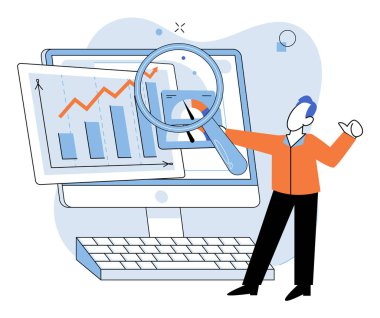 Piyasa araştırması. Vektör çizimi. Pazar araştırması, tüketici ihtiyaçları ve tercihlerinin anlaşılmasına yönelik değerli bilgiler sunmaktadır. Teknoloji güdümlü pazar araştırma araçları veri toplama çalışmalarını geliştirmektedir.