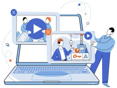 Video pazarlama vektör illüstrasyonu. İnternet, video pazarlama kampanyalarının küresel izleyicilerle bağlantı kurabileceği geniş bir siber alan sağlıyor. Sosyal medya platformları yaygınlaşmada önemli rol oynuyor.