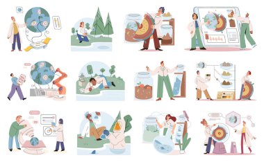 Doğa bilimi. Vektör çizimi. Dünya ekosistemleri, biyolojik ve çevresel elementler arasındaki karmaşık etkileşimin örnekleridir. Doğa süreçlerini ve örüntülerini incelemek çalışmalara katkıda bulunur.