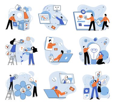 Takım fikir vektör çizimi. İyi hazırlanmış bir iş stratejisi yenilikçiliğe yön verir ve sürdürülebilir büyüme buluşunu ve geliştirme, bel kemiği takımlarının yaratıcı sürecini yönetir ve