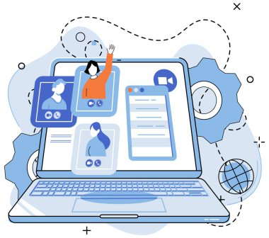 Çevrimiçi toplantı. Vektör çizimi. Konferanslar bilgi alışverişi ve ağ kurma fırsatları için platform görevi görüyor. Çevrimiçi görüşmelerde anlamlı tartışmalar yoluyla güçlü bağlantılar kuruluyor.