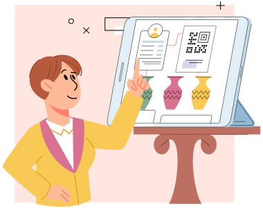 Nakitsiz ödeme. Vektör çizimi. Dokunulmaz ödeme seçenekleri fiziksel teması en aza indirmeye ve NFC etkinleştirilmiş cihazların yayılmasını azaltmaya yardımcı olur. Qr kod ödemesi