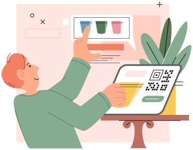 Nakitsiz ödeme. Vektör çizimi. Temassız ödeme ve dokunulmaz teknoloji, NFC çip teknolojisini güvenli ve verimli bir şekilde kullanabilmek için uygun ve güvenli yollar sağlıyor.