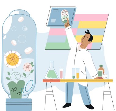 Geleneksel tıp vektör illüstrasyonu. Halı sağlığında, geleneksel tıp canlı ve kalıcı bitkisel ilaçlar geleneksel tıpta iyileştirici dil fısıldıyor.