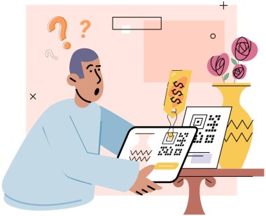 Akıllı telefondan ödeme kodunu tarayan adam internet ve mobil nakitsiz işlemler için akıllı teknolojinin online ödeme konseptiyle online alışveriş yapıyor. Hızlı yanıt sistemi elektronik aktarımı