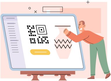 Nakitsiz ödeme. Vektör çizimi. Qr kod çipi teknolojisi, güvenli, bağlantısız, nakit ödemelerin günümüzde dijital çağda giderek daha popüler hale gelmesini sağlar.
