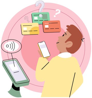 Çevrimiçi bankacılık kavramı. Akıllı telefon ekranının yanında banka kartı ve bozuk parası olan bir adam. Çevrimiçi alışveriş ve ekommerce. Para transferleri ve internet üzerinden yapılan işlemler. Banka işlemleri ve dijital para