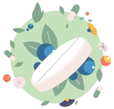 Geleneksel tıp vektör illüstrasyonu. Sağlık hizmetleri, kökeni geleneklere dayanan, eczacılık eczanesinden gelen cömert hasattır. İlaç çözümleri, basitlikte geleneksel tıpta ilham bulur.