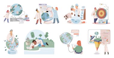 - Bilim. Vektör çizimi. Bilimsel kavramları ve hipotezleri doğrulamak için deneyler yapılmaktadır. Bilimsel metafor, karmaşık bilimsel kavramları ilişkilendirilebilir mesleklerle açıklamaya yardımcı olur.