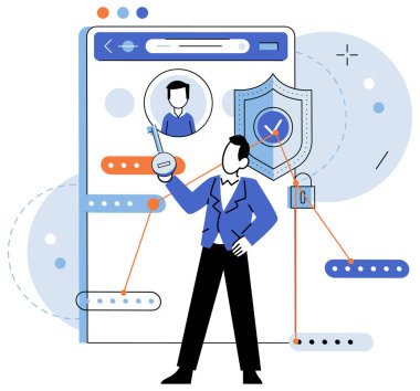 Kullanıcı yetkisi. Vektör çizimi. İletişim kanalları kullanıcı bilgilerini korumak için güvenli olmalıdır. Kullanıcı kimliği doğrulaması güvenli çevrimiçi işlemler için gereklidir. Kullanıcı erişimi