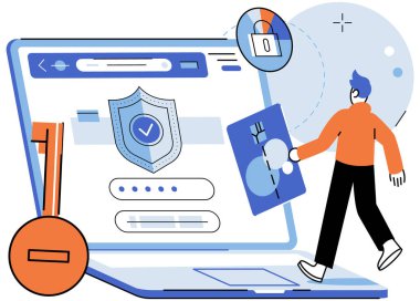 Kullanıcı yetkisi. Vektör çizimi. Kullanıcı yetkilendirme metaforu, kullanıcı kimlik doğrulaması ve katman güvenliği sağlamak için izin verme işlemleriyle karşılaştırılır.