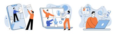Çevrimiçi video toplantısı. Vektör çizimi. Webinarlar sanal toplantılarda bilgi paylaşımı için etkileşimli platform sağlarlar. İş yerleri sanal manzaraya çevrimiçi video toplantıları yoluyla adapte olurlar.